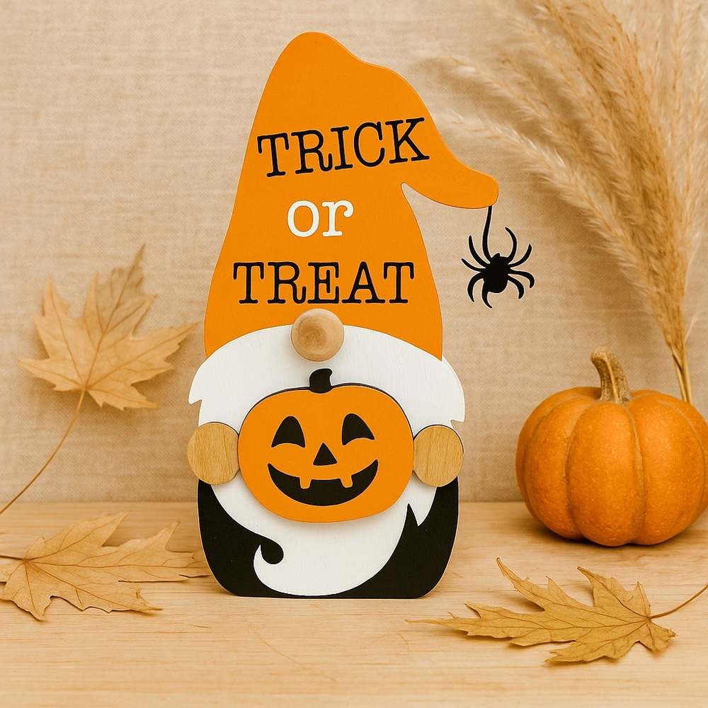 ⭐️ 684. Halloween Trick or Treat Gnome Wooden Sign 10” Pumpkin Jack-o’-Lantern